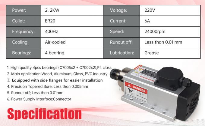 Motor CNC 2.2kw ER20 arrefecido a ar 4 Pcs rolamentos com inversor 0
